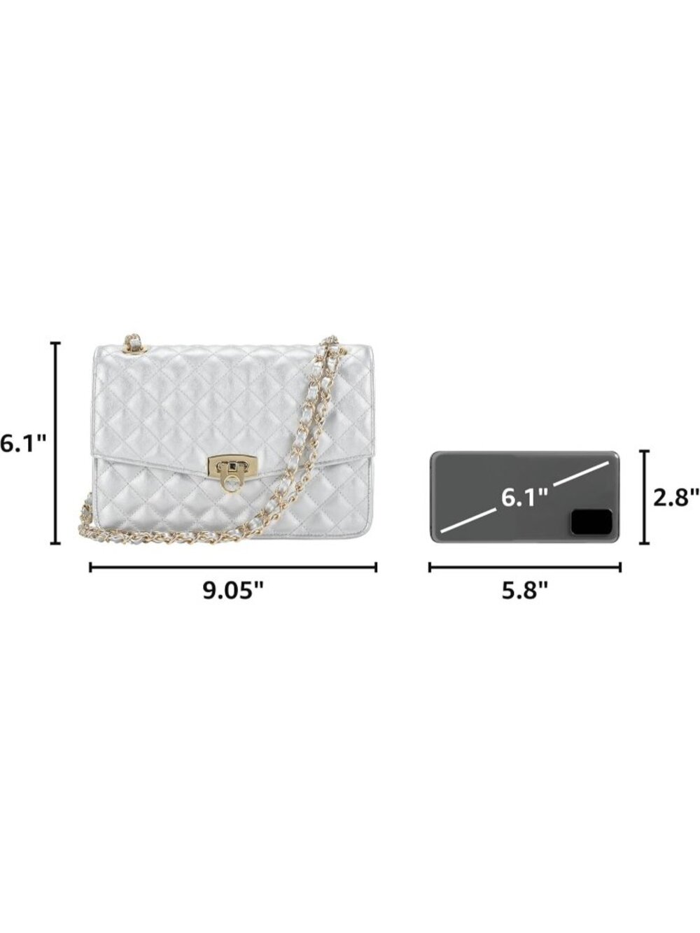 Women's Silver Quilted Crossbody Vegan Bag Leather Chain Shoulder Purse - Picture 3 of 6